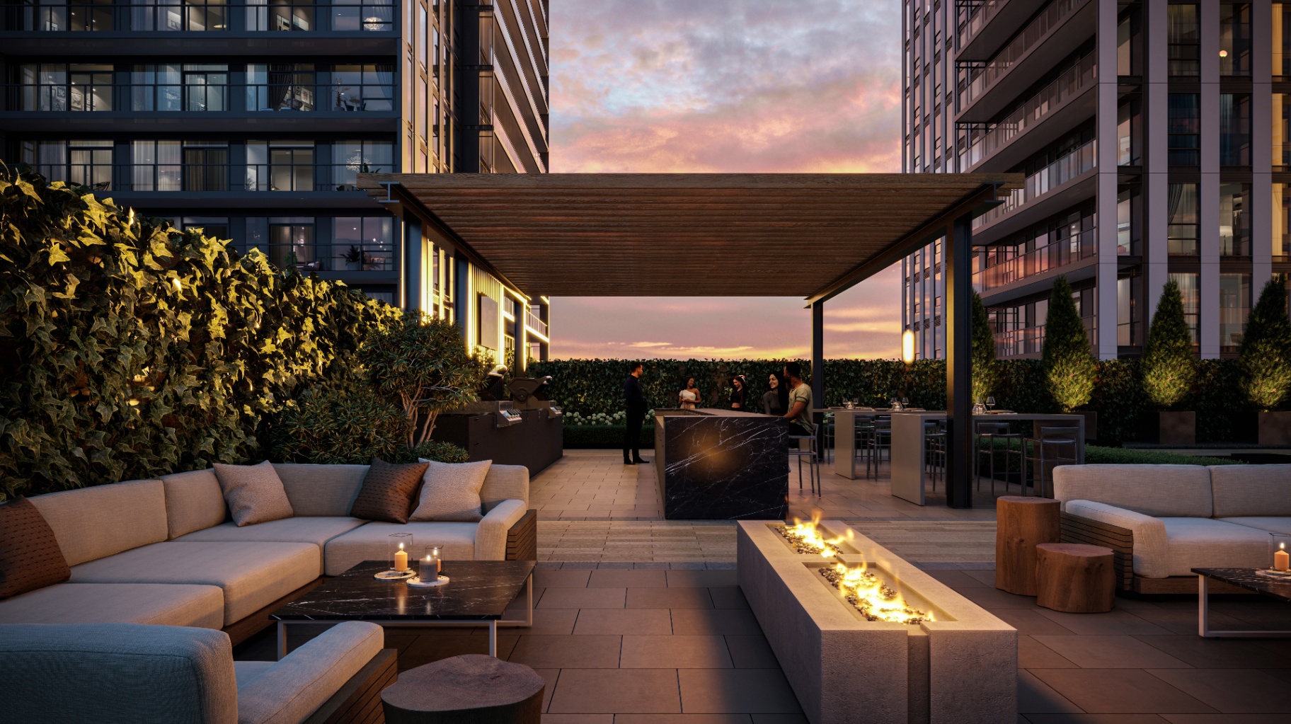 Rooftop amenity bar at sunset with firepits and LV lounge seating
