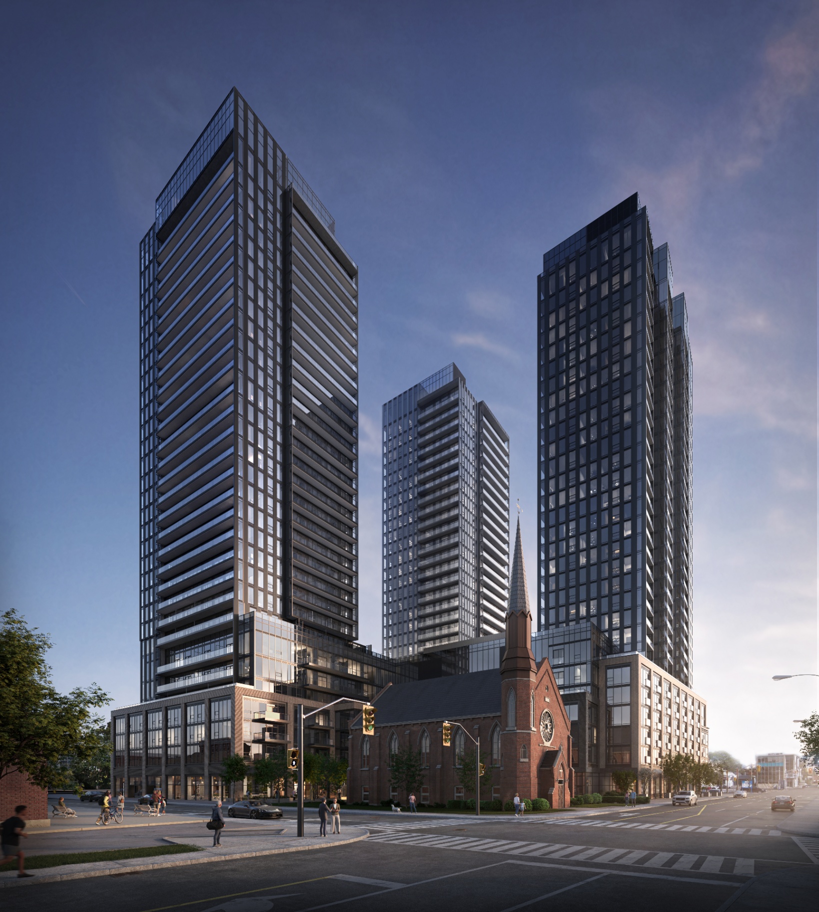 Design District Condos Hamilton — three-tower rendering at 41 Wilson St W by EMBLEM Developments with Louis Vuitton amenity furnishings